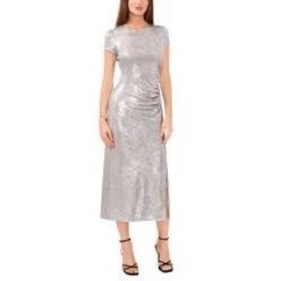 NWT Vince Camuto Metallic Fit & Flare Side-Ruched Side-Slit Midi Dress in Silver - Picture 1 of 8